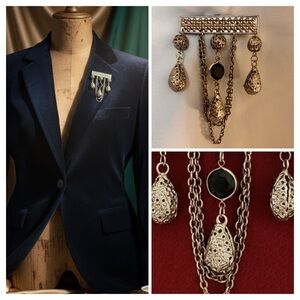 Vintage Etruscan Style Tassel Brooch with Black Onyx Glass